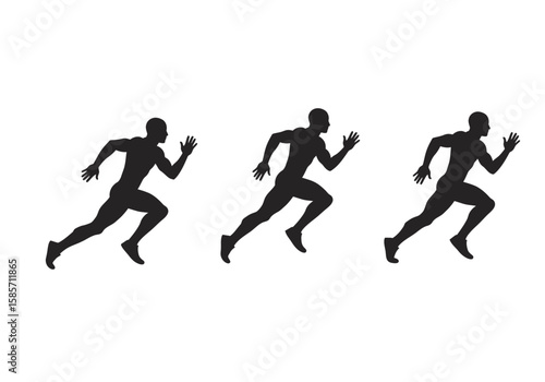 Three black silhouettes of male athletes sprinting forward with determination, symbolizing speed, competition, and athletic achievement.