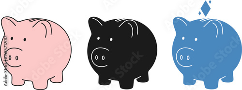 Three stylized piggy banks in pink black and blue with a diamond on top