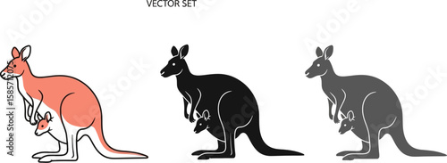 Set of three kangaroo and joey illustrations in different colors and styles