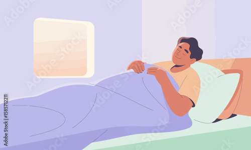 Illustration of a man lying in bed, resting with a pillow, blanket, and soft light coming through a window.