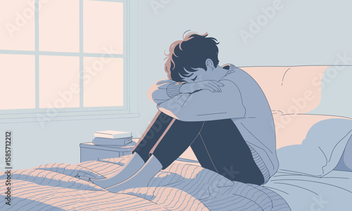 Illustration of a young person sitting on a bed with their head in their arms, expressing sadness or loneliness in a softly lit room.
