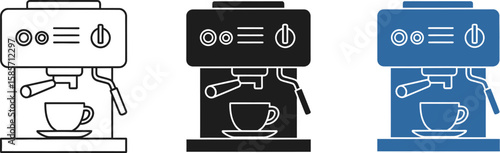 Set of three simple line art icons of an espresso machine with a cup