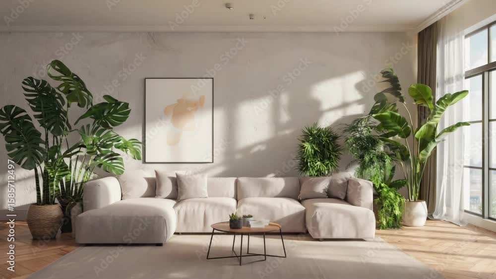 This is an image of a modern living room with white walls, wooden floors, and large windows that let in ample natural light. The room features a comfortable sofa and armchairs, decorated with cozy This is an image of a modern living room with white walls, wooden floors, and large windows that let in ample natural light. The room features a comfortable sofa and armchairs, decorated with cozy