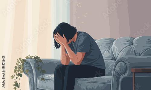 A woman sits on a couch with her head in her hands, appearing sad and distressed, in a softly lit room.
