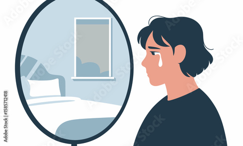 A sad person with a tear on their face looks into a mirror reflecting a bedroom scene.