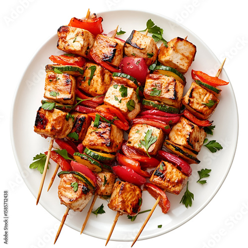 Grilled Tofu Vegetable Skewers on White Plate