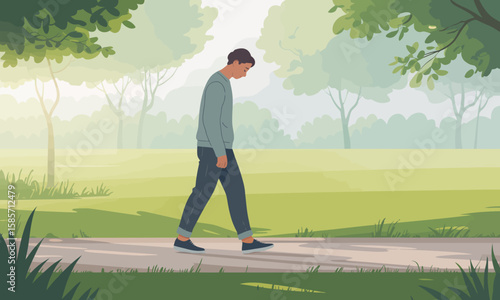 A man walks alone with his head down on a path in a park, surrounded by trees and greenery.