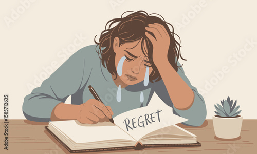 A woman with tears running down her face sits at a desk writing the word "Regret" in a notebook, expressing sadness and remorse.