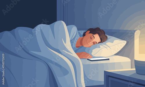 A man sleeps in bed with a smartphone on the nightstand beside him, illuminated by a bedside lamp.