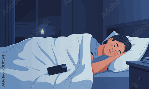 A man sleeps peacefully in bed at night, with his smartphone resting beside him on the white pillow.