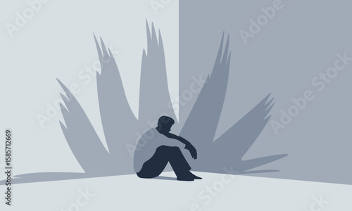 A silhouetted figure sits in a corner with large, sharp shadows looming behind, conveying feelings of isolation and despair.