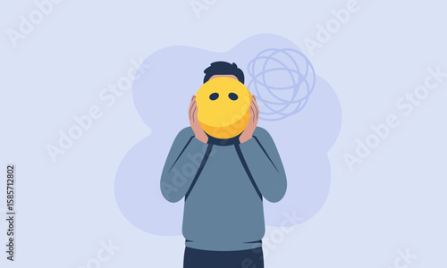 Man holding a yellow smiley face mask in front of his face, hiding his identity, with a network globe in the background.