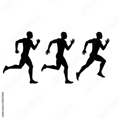 Three dynamic silhouettes of male runners in motion, capturing the energy and athleticism of sprinting, ideal for sports-themed designs and athletic branding.