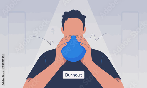 Faceless man inflates a blue balloon, wearing a shirt labeled "Burnout," against a stylized, abstract background suggesting stress and pressure.