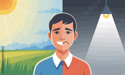 Illustration depicting a man with a dual expression, half smiling in a sunny landscape and half frowning under a street lamp in darkness.