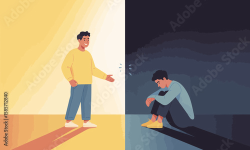 Illustration depicting a cheerful person offering help to a sad, withdrawn individual sitting alone in a dark space.