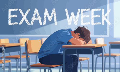 A student slumped over a desk in a classroom, exhausted during exam week, with "EXAM WEEK" written on the blackboard.