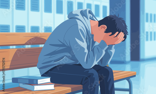 A young person sits on a bench with books, head in hands, expressing sadness or despair in a school hallway.