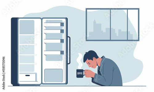 A man in pajamas looks sadly at a cup of coffee next to an empty refrigerator, with a city skyline visible through a window.