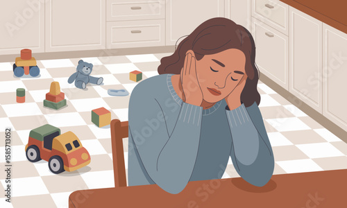 A tired woman sits at a table in a messy kitchen, resting her head in her hands, surrounded by scattered children's toys.