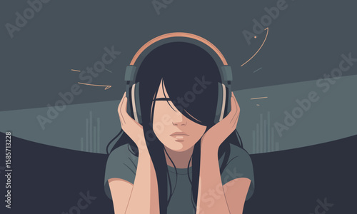 Illustration of a young woman with dark hair wearing headphones, eyes closed, immersed in music, against a muted background.