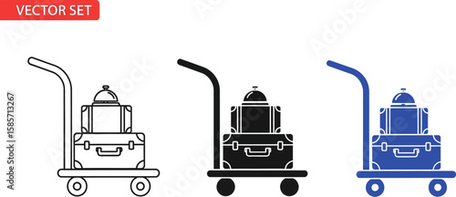 Luggage cart with stacked suitcases and hotel bell icon set
