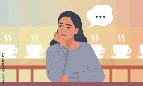 A woman with a thoughtful expression rests her head on her hand, a speech bubble with ellipsis above her head, against a background of coffee cups.