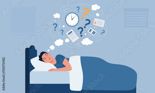 A man lies awake in bed, overwhelmed with thoughts of deadlines, paperwork, and unanswered questions floating above him in a cloud.