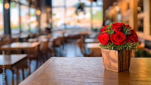 Florero de madera rústica con rosas rojas en una mesa de un restaurant con mesas de madera