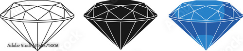 Three diamond icons in different styles outline silhouette and colored gemstone