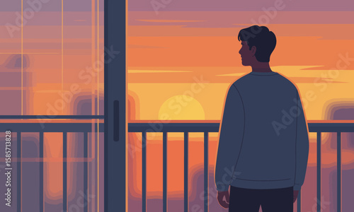 A man stands on a balcony, gazing at a vibrant orange sunset over a cityscape.
