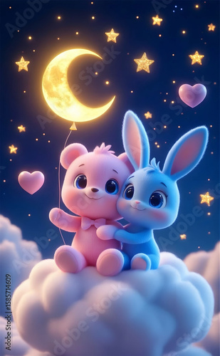 pink teddy bear clutching a moon balloon and a blue bunny adorned with a glowing halo. They relax on a fluffy cloud in a deep blue night cosmos filled with golden stars 