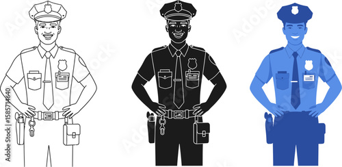 Three styles of a smiling police officer in uniform with duty belt