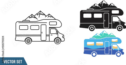Set of three stylized icons representing recreational vehicles with mountain backgrounds