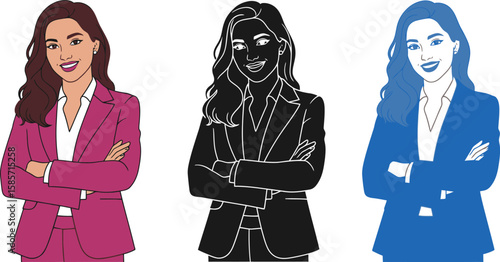 Confident businesswoman in suit with arms crossed in three different styles