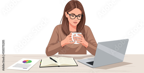 Young woman with glasses holding a mug while working on a laptop at her desk