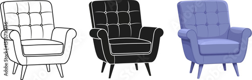 Three styles of a classic tufted armchair in line art silhouette and color
