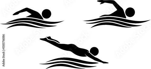 Three stylized swimmers in different poses and colors on a light blue background