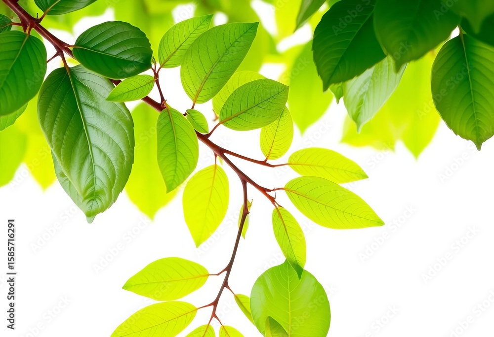 Fototapeta premium Vibrant green branch with lush leaves, isolated on white, wood, photography