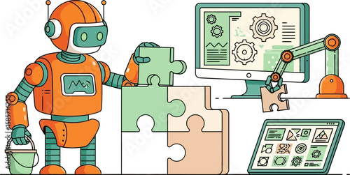 Friendly robot assembling puzzle pieces next to computer and tablet