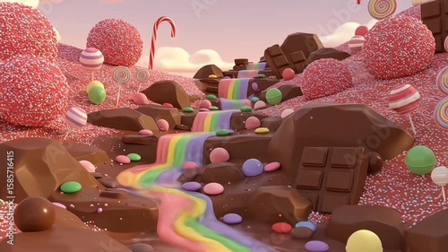 Candy Land Background,Candy Waterfall Fantasy Landscape 3D Render, HD Footage animation