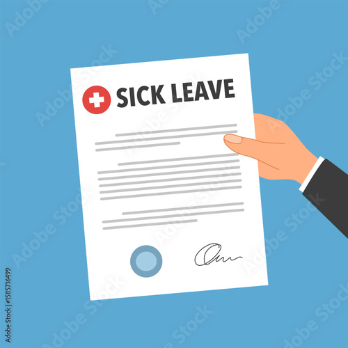 Hand holding a medical document. Sick leave concept. Vector illustration isolated on white background.