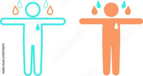 Two stylized figures with water drops symbolizing sweat or rain falling
