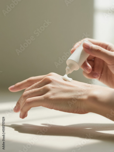 Wallpaper Mural Close-up of hands applying white cream from a tube, with soft natural lighting and a minimalistic background. Torontodigital.ca