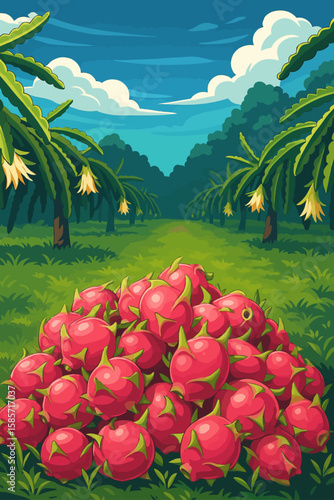 This vibrant illustration depicts a lush dragon fruit orchard under a bright blue sky with scattered white clouds. In the foreground, a large pile of freshly harvested dragon fruits with vivid red ski
