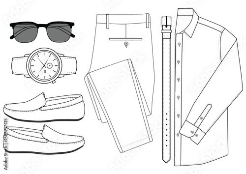Men's Clothing and Accessories Outline Vector Illustration