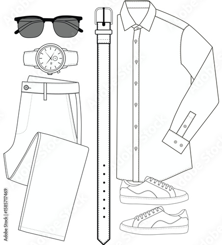 Men's Clothing and Accessories Outline Vector Illustration