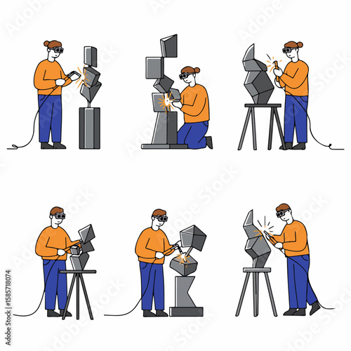 Illustrations of a sculptor creating abstract metal art through welding, showcasing craftsmanship and the creative fabrication process.