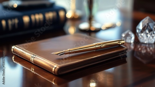 Golden pen on brown leather notebook