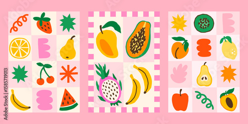 Summer tropical vector posters set. Bright print designs with exotic fruits and abstract shapes in blocks illustrations